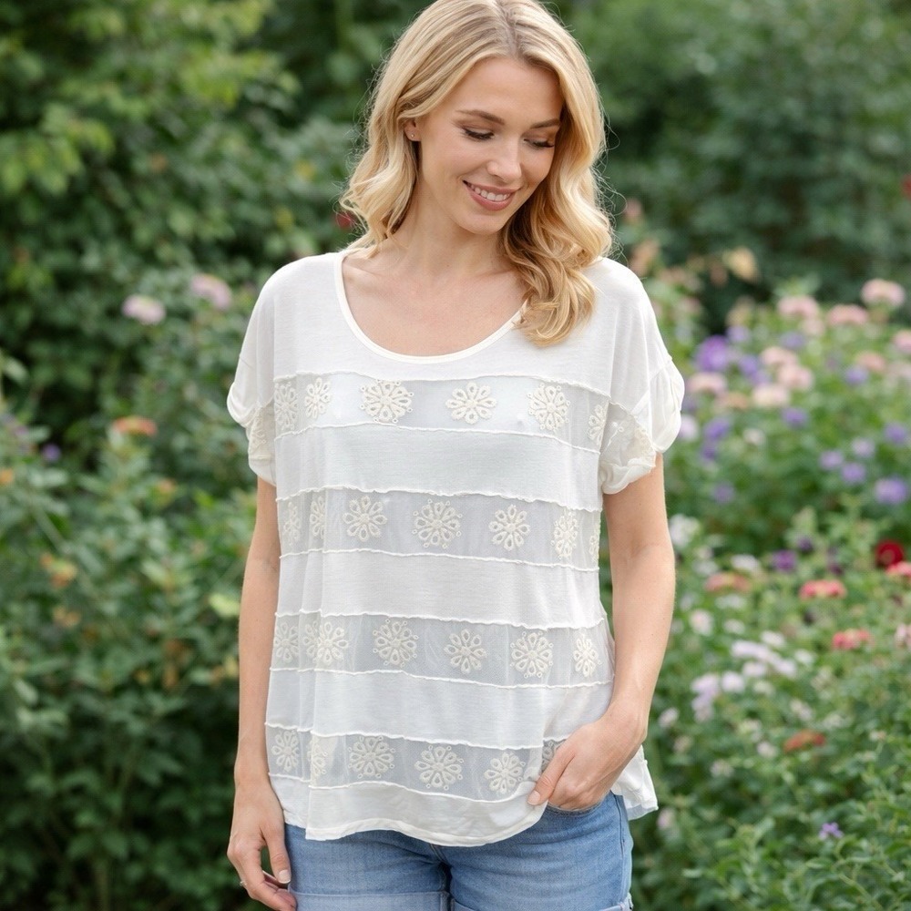 Free People White Floral Sheer Top Lightweight Fairy Festival Boho Feminine S